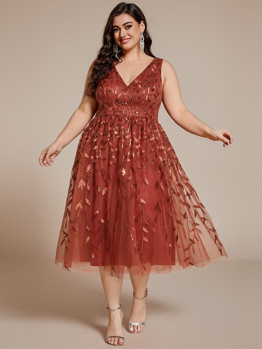 Plus Size Sleeveless Leaf Sequin A-Line Midi Wedding Guest Dress #color_Burnt Orange