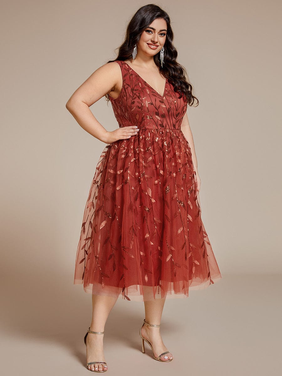 Plus Size Sleeveless Leaf Sequin A-Line Midi Wedding Guest Dress #color_Burnt Orange