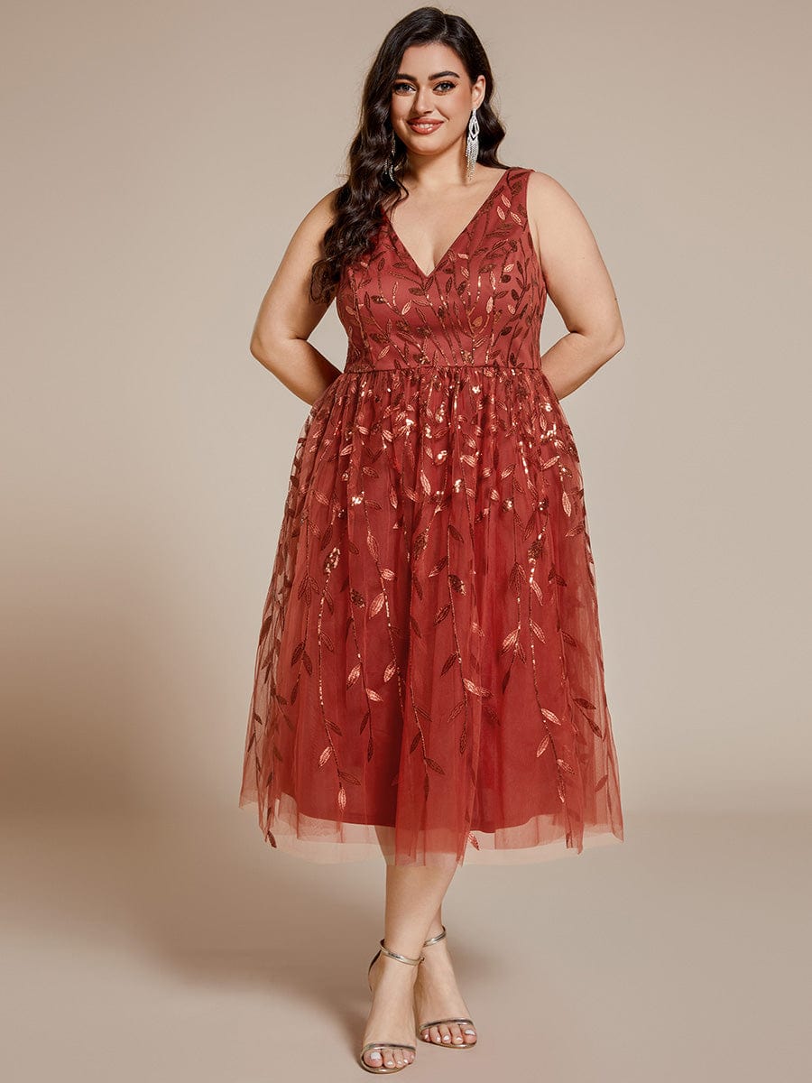 Plus Size Sleeveless Leaf Sequin A-Line Midi Wedding Guest Dress #color_Burnt Orange