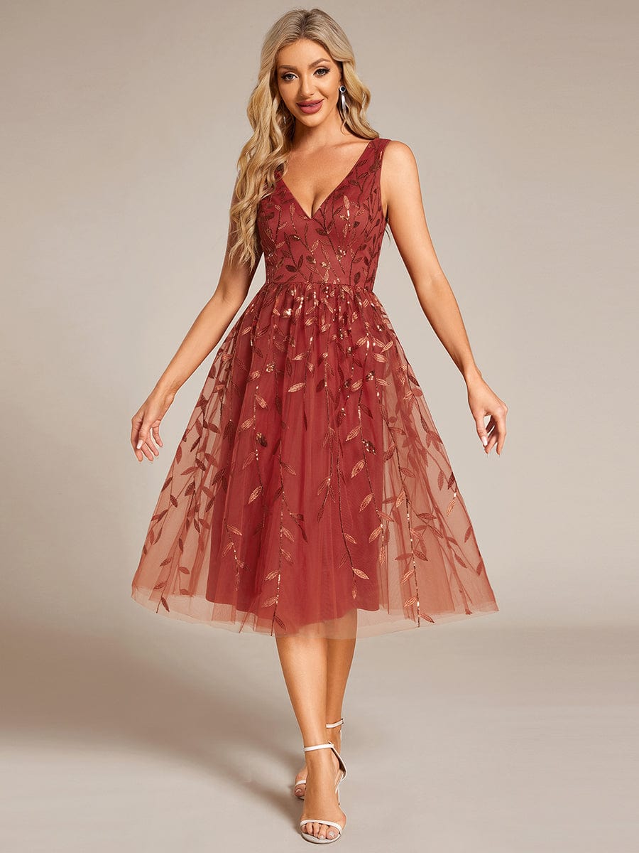 V-Neck Leaf Sequined Sleeveless A-Line Midi Wedding Guest Dress #color_Burnt Orange