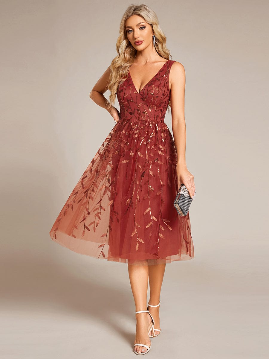 V-Neck Leaf Sequined Sleeveless A-Line Midi Wedding Guest Dress #color_Burnt Orange