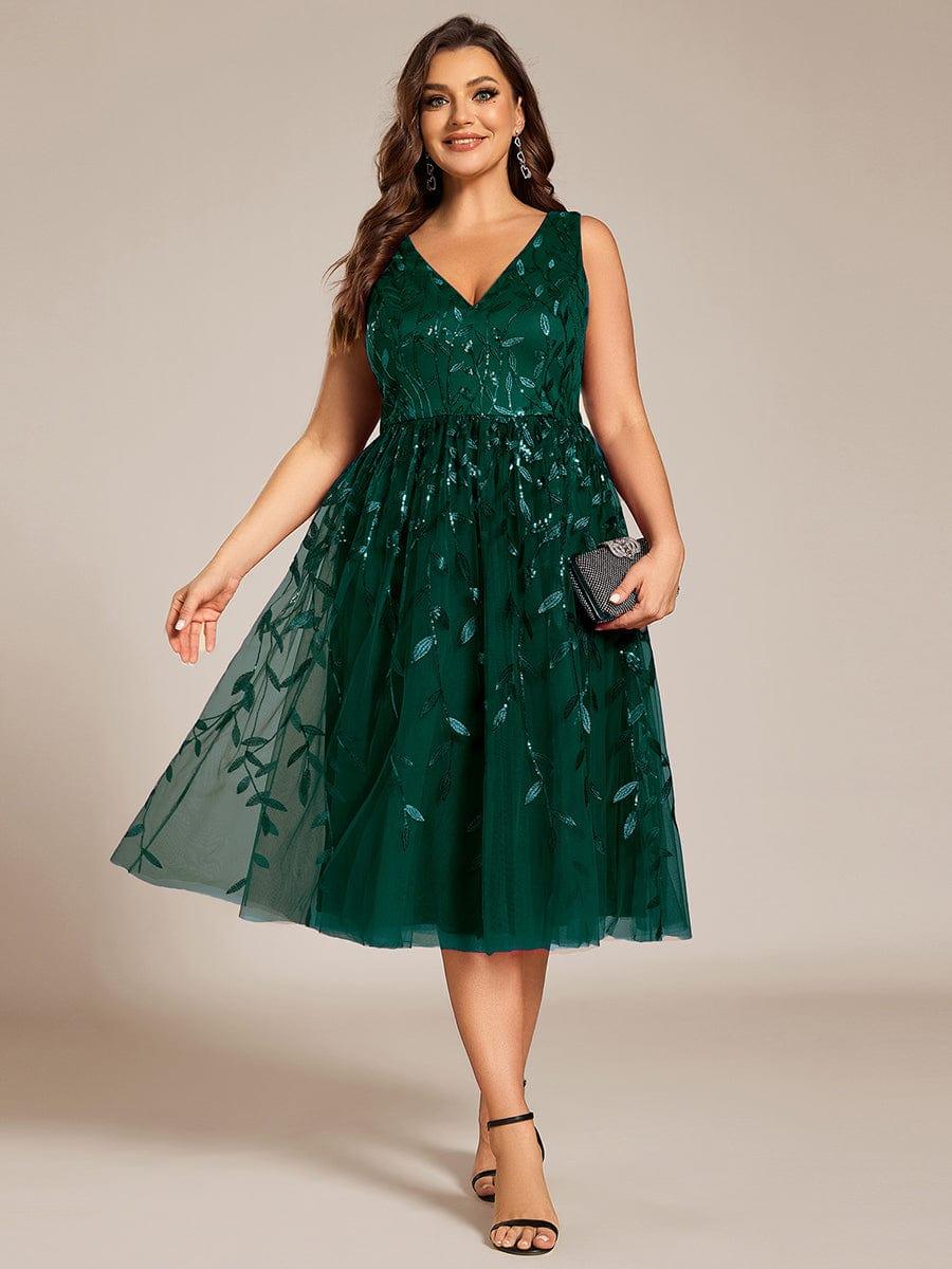 V-Neck Leaf Sequined Sleeveless A-Line Midi Wedding Guest Dress #color_Dark Green