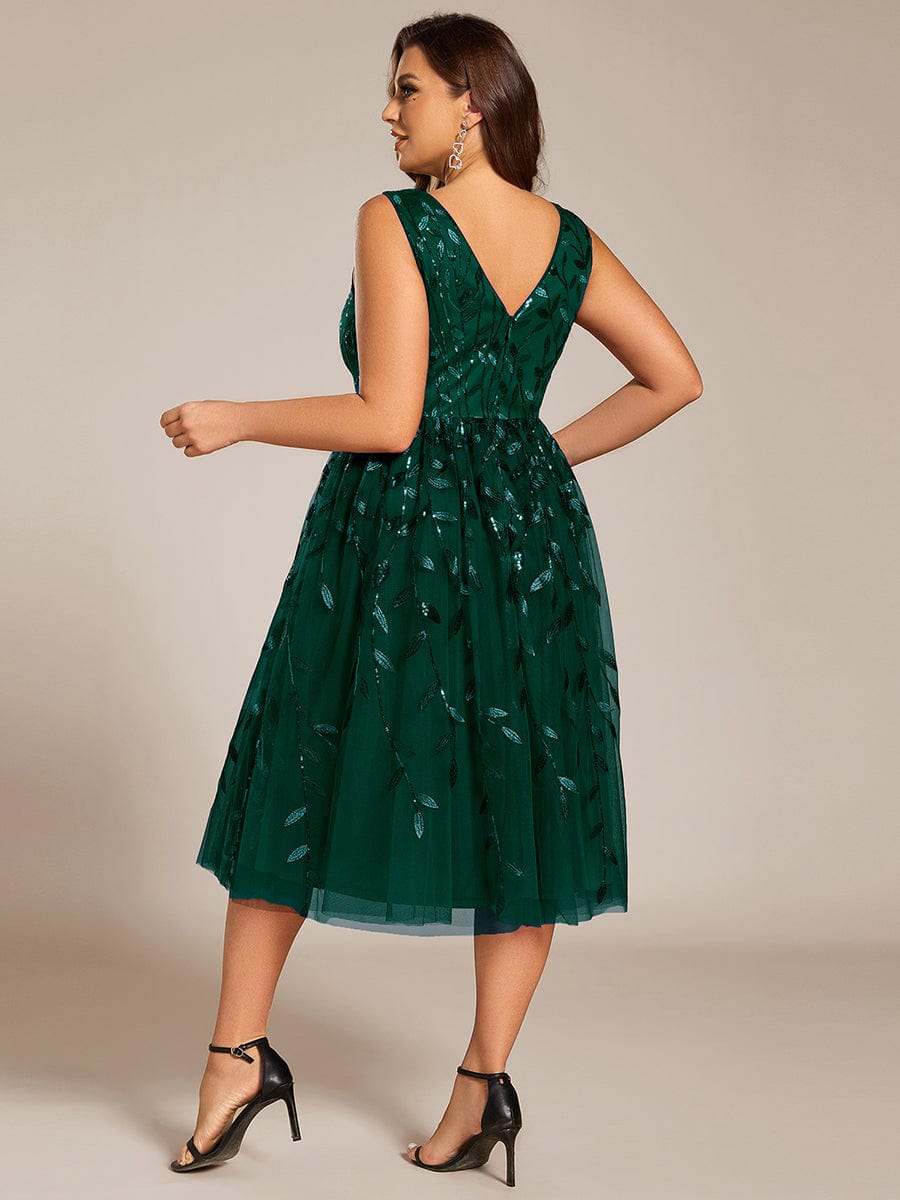 V-Neck Leaf Sequined Sleeveless A-Line Midi Wedding Guest Dress #color_Dark Green