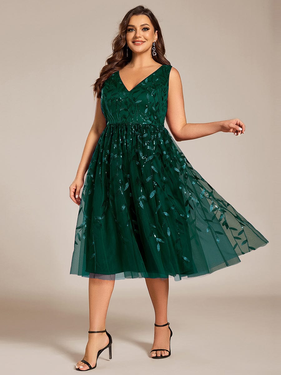 V-Neck Leaf Sequined Sleeveless A-Line Midi Wedding Guest Dress #color_Dark Green