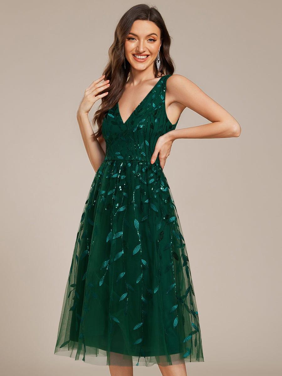 V-Neck Leaf Sequined Sleeveless A-Line Midi Wedding Guest Dress #color_Dark Green