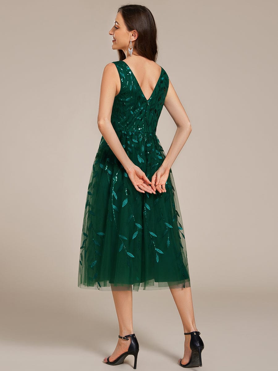 V-Neck Leaf Sequined Sleeveless A-Line Midi Wedding Guest Dress #color_Dark Green