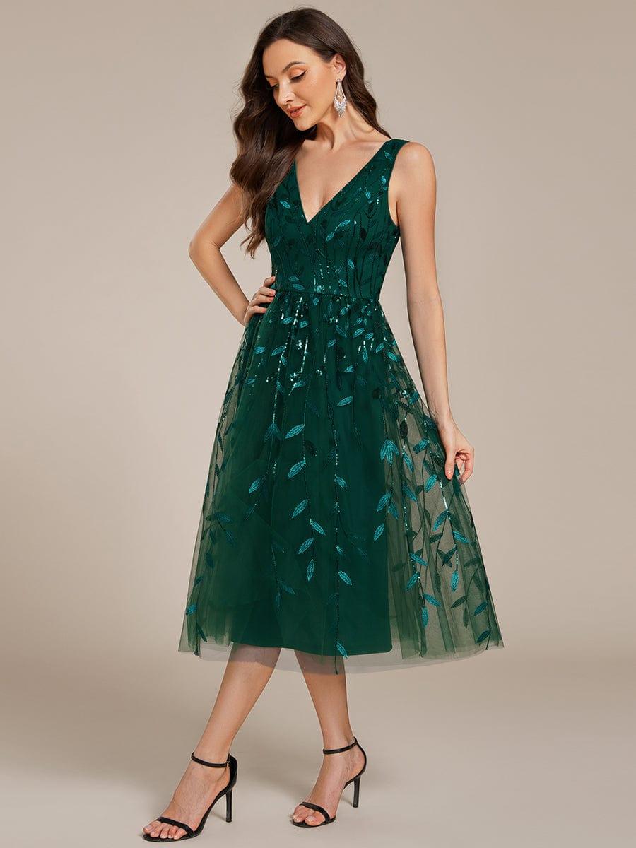 V-Neck Leaf Sequined Sleeveless A-Line Midi Wedding Guest Dress #color_Dark Green