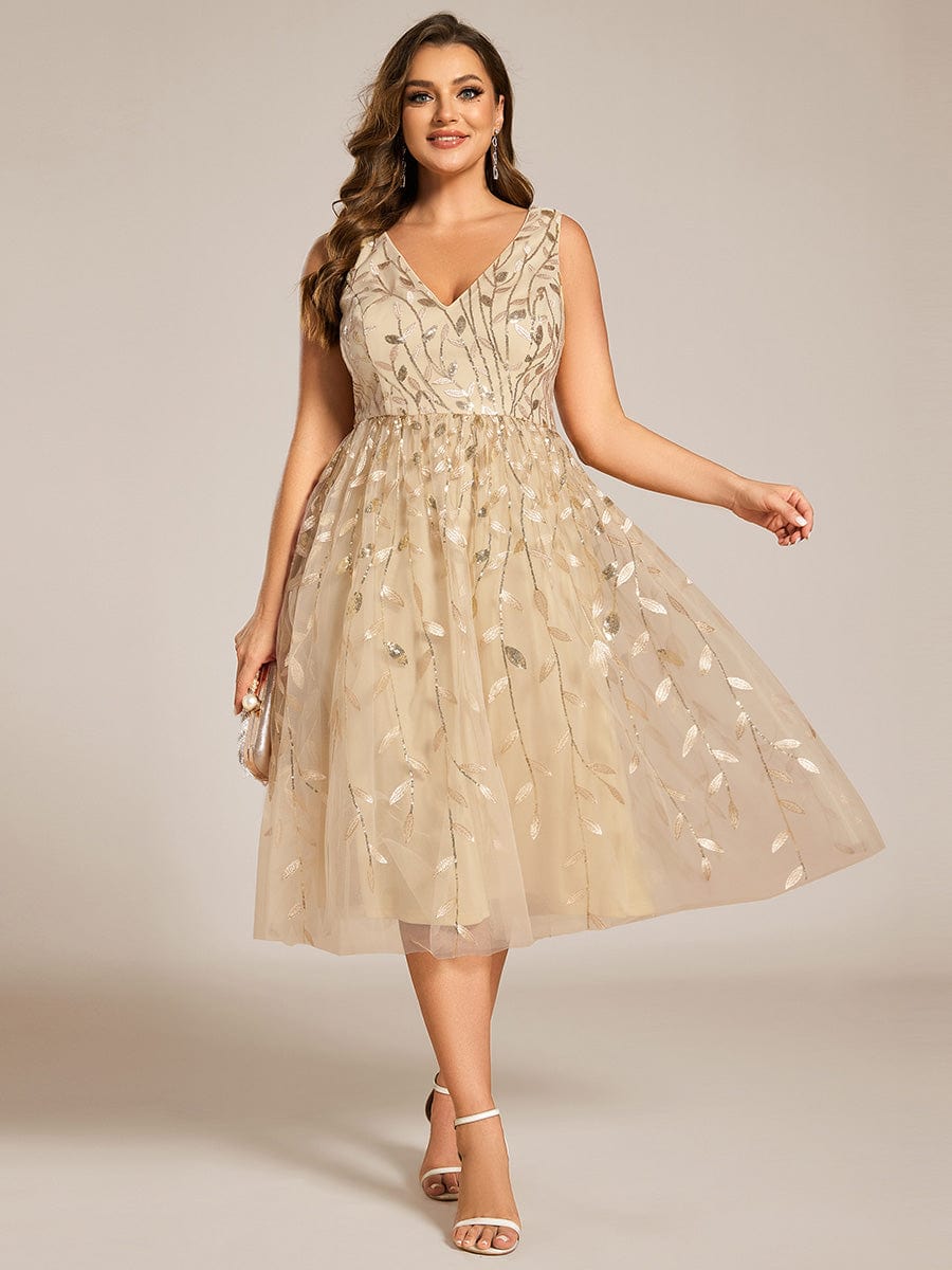 Plus Size Sleeveless Leaf Sequin A-Line Midi Wedding Guest Dress #color_Gold