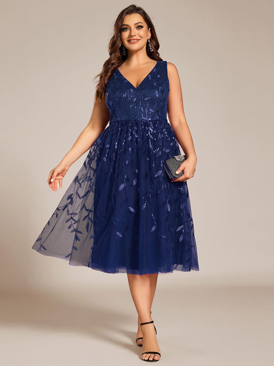 V-Neck Leaf Sequined Sleeveless A-Line Midi Wedding Guest Dress #color_Navy Blue