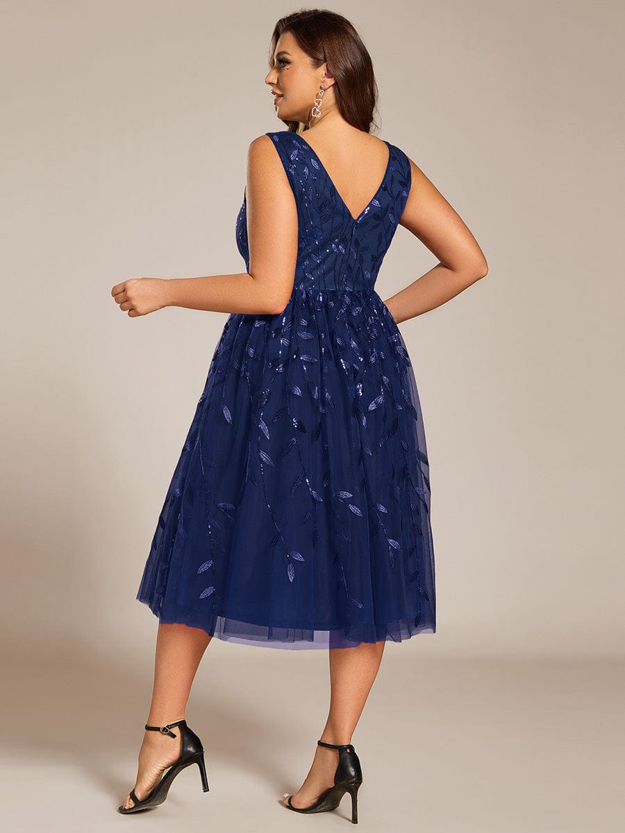 V-Neck Leaf Sequined Sleeveless A-Line Midi Wedding Guest Dress #color_Navy Blue