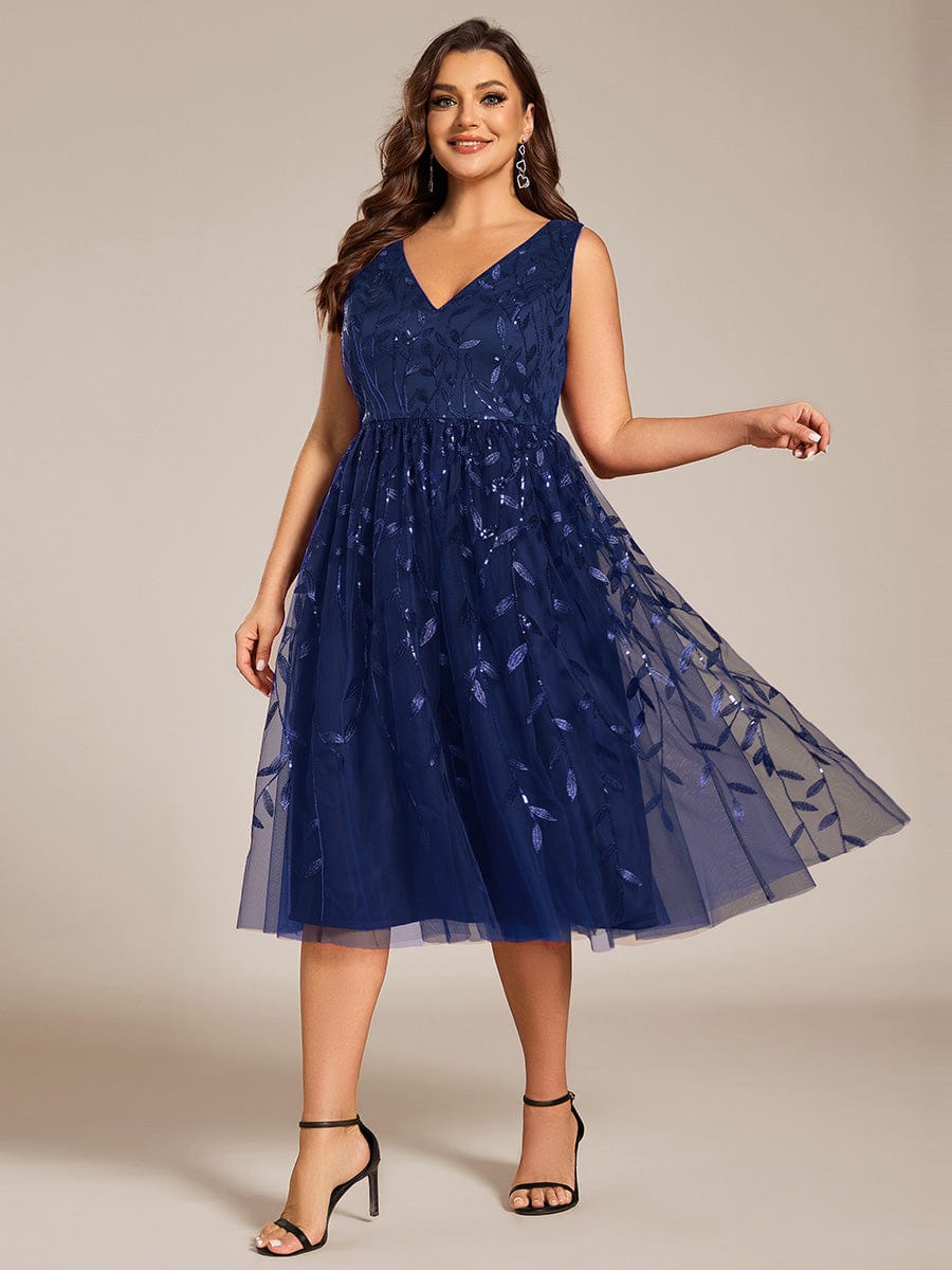 V-Neck Leaf Sequined Sleeveless A-Line Midi Wedding Guest Dress #color_Navy Blue