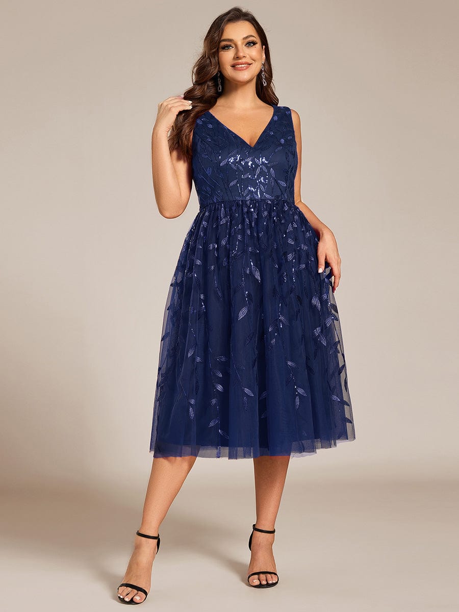 V-Neck Leaf Sequined Sleeveless A-Line Midi Wedding Guest Dress #color_Navy Blue