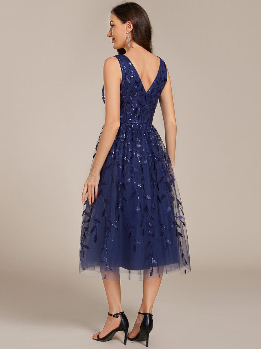 V-Neck Leaf Sequined Sleeveless A-Line Midi Wedding Guest Dress #color_Navy Blue