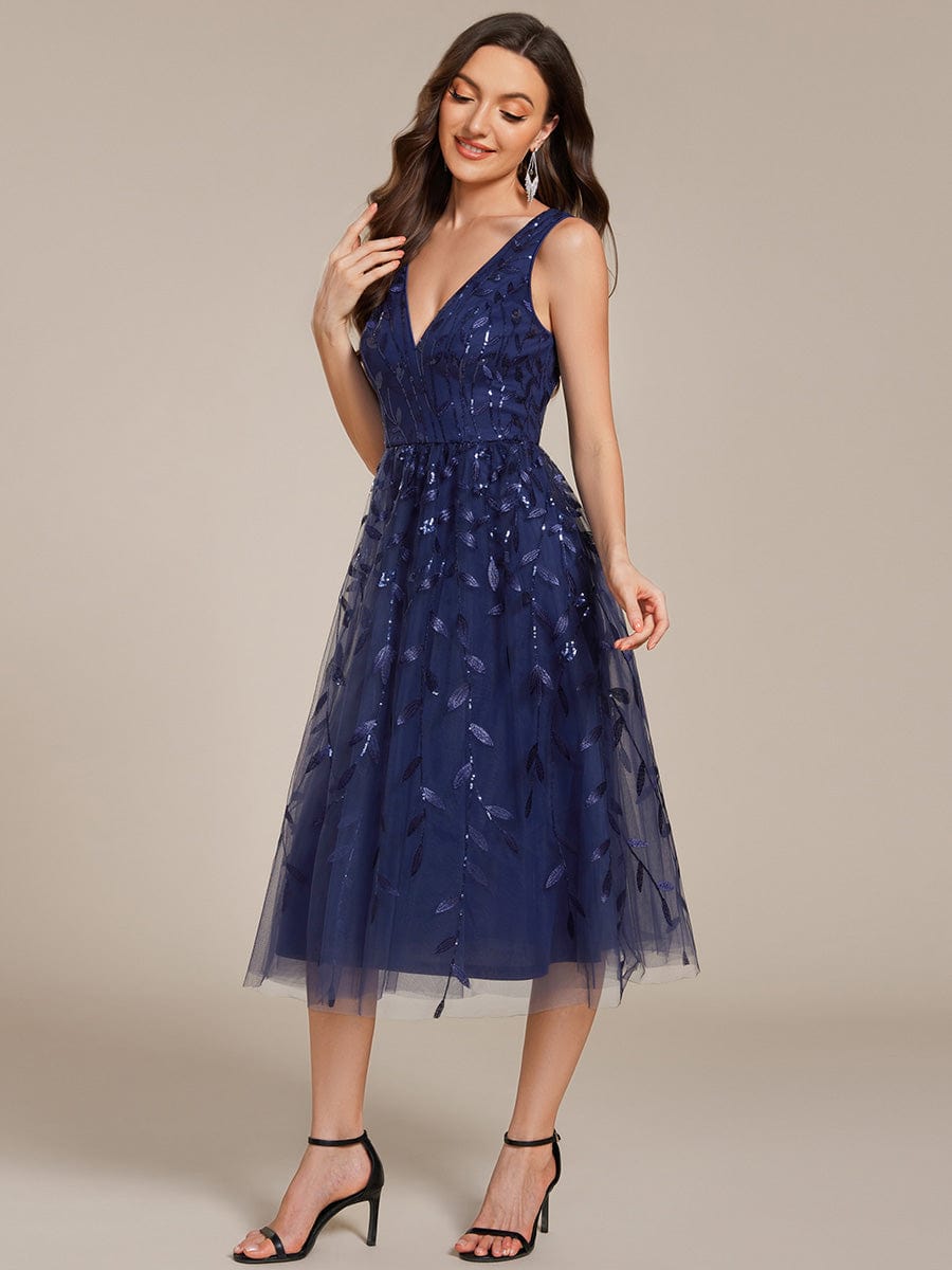 V-Neck Leaf Sequined Sleeveless A-Line Midi Wedding Guest Dress #color_Navy Blue