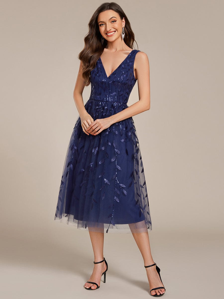 V-Neck Leaf Sequined Sleeveless A-Line Midi Wedding Guest Dress #color_Navy Blue