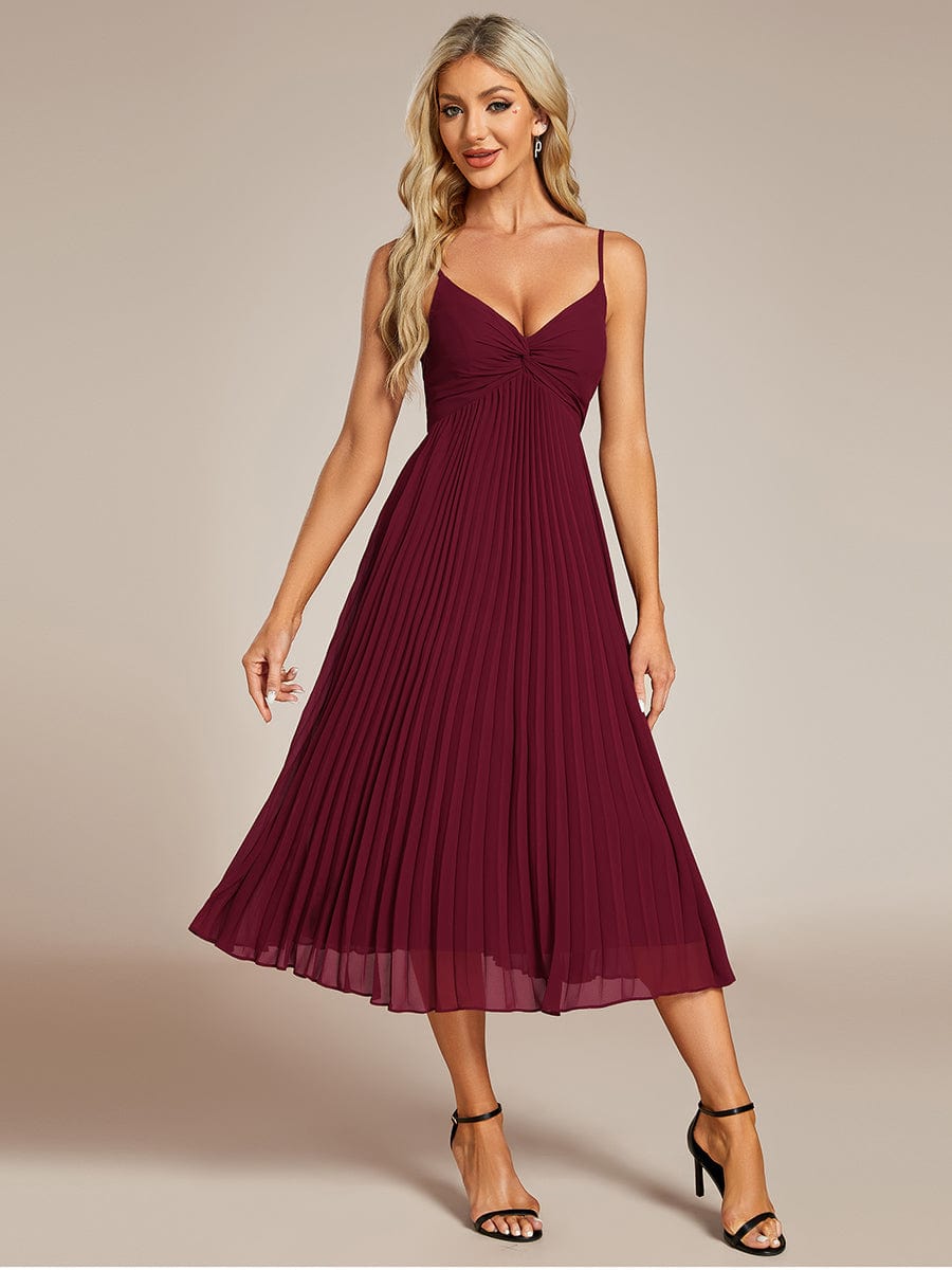 Midi Tiered Pleated V-Neck Wedding Guest Dress Featuring Spaghetti Straps #color_Burgundy