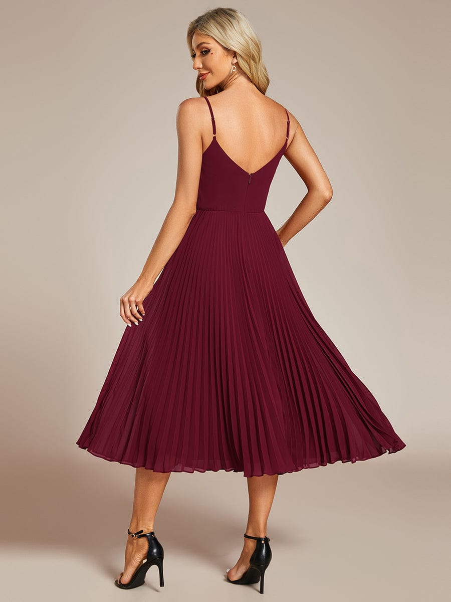 Midi Tiered Pleated V-Neck Wedding Guest Dress Featuring Spaghetti Straps #color_Burgundy