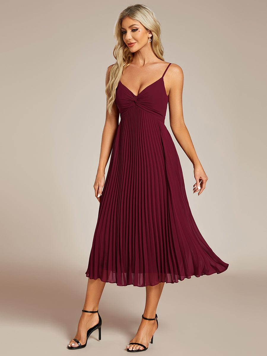 Midi Tiered Pleated V-Neck Wedding Guest Dress Featuring Spaghetti Straps #color_Burgundy