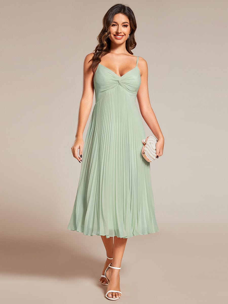 Midi Tiered Pleated V-Neck Wedding Guest Dress Featuring Spaghetti Straps #color_Mint Green