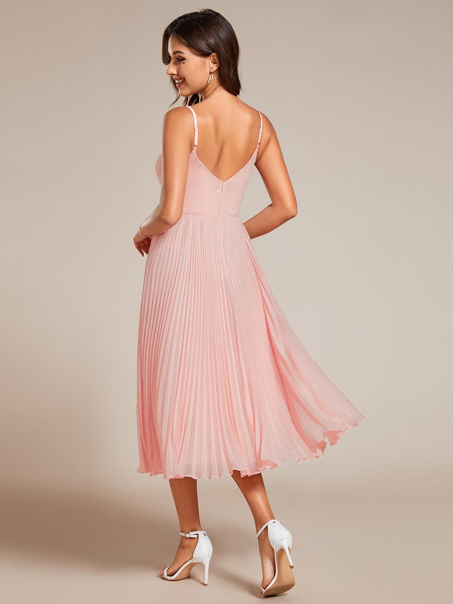 Midi Tiered Pleated V-Neck Wedding Guest Dress Featuring Spaghetti Straps #color_Pink