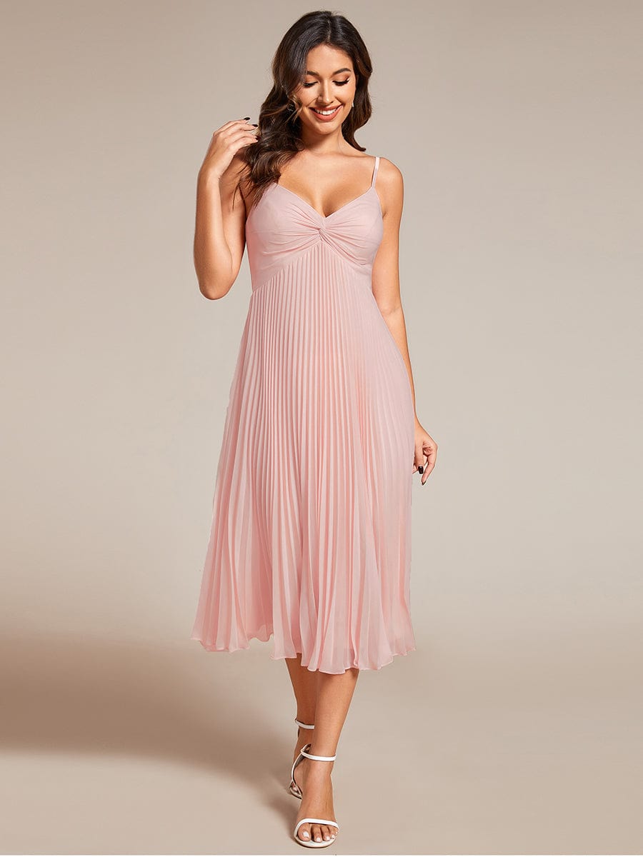 Midi Tiered Pleated V-Neck Wedding Guest Dress Featuring Spaghetti Straps #color_Pink