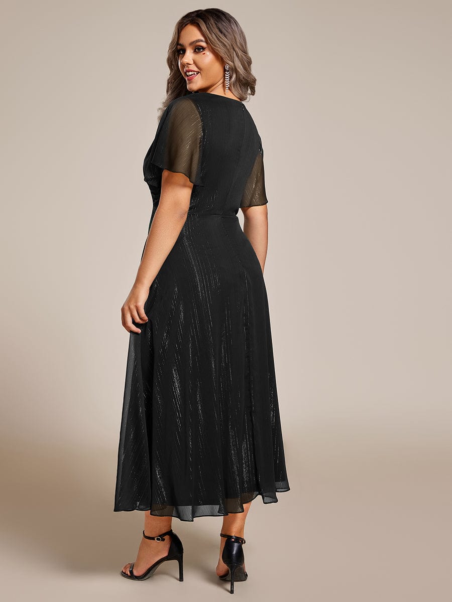 Silver Metallic Fabric V-Neck A-Line Dress featuring Delicate Ruffled Hem #color_Black