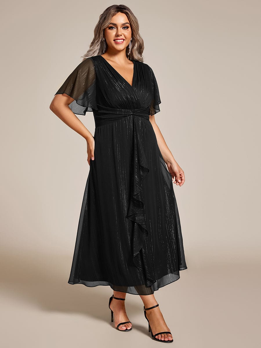 Plus Size Silver Metallic Fabric V-Neck A-Line Dress featuring Delicate Ruffled Hem #color_Black