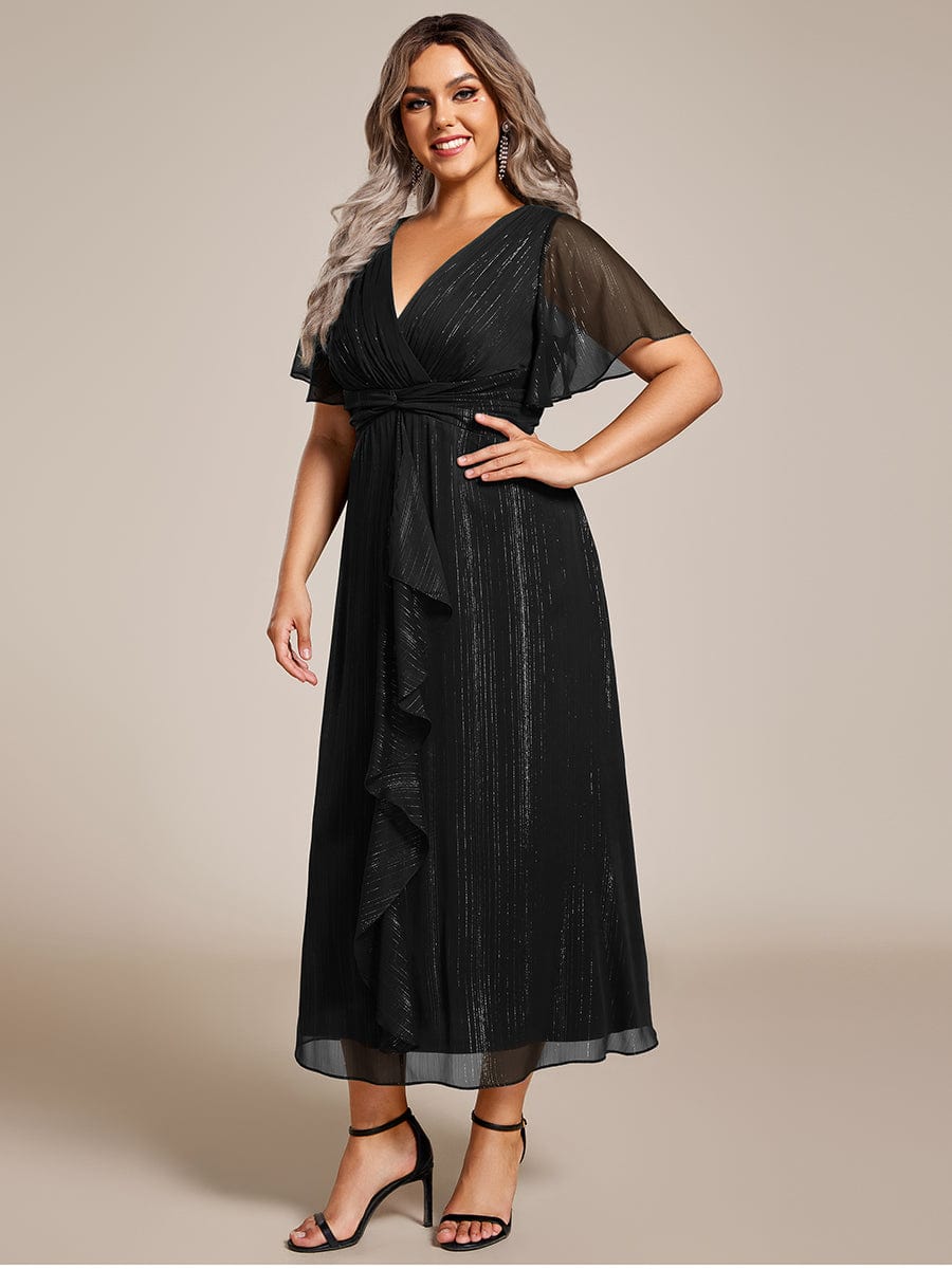 Plus Size Silver Metallic Fabric V-Neck A-Line Dress featuring Delicate Ruffled Hem #color_Black