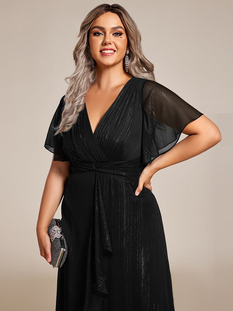 Plus Size Silver Metallic Fabric V-Neck A-Line Dress featuring Delicate Ruffled Hem #color_Black