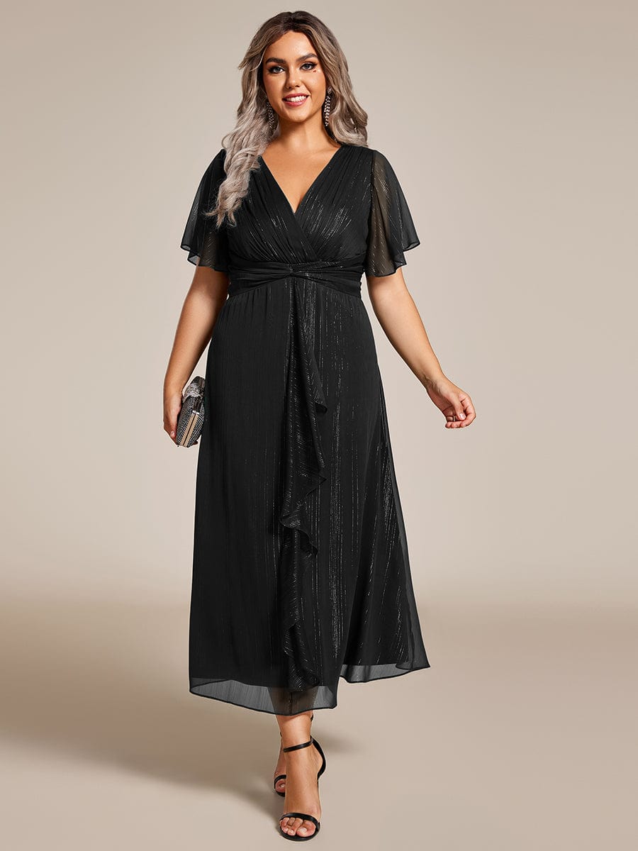 Plus Size Twist Knot Louts Leaf Long Sleeve A-Line Evening Dress #color_Black