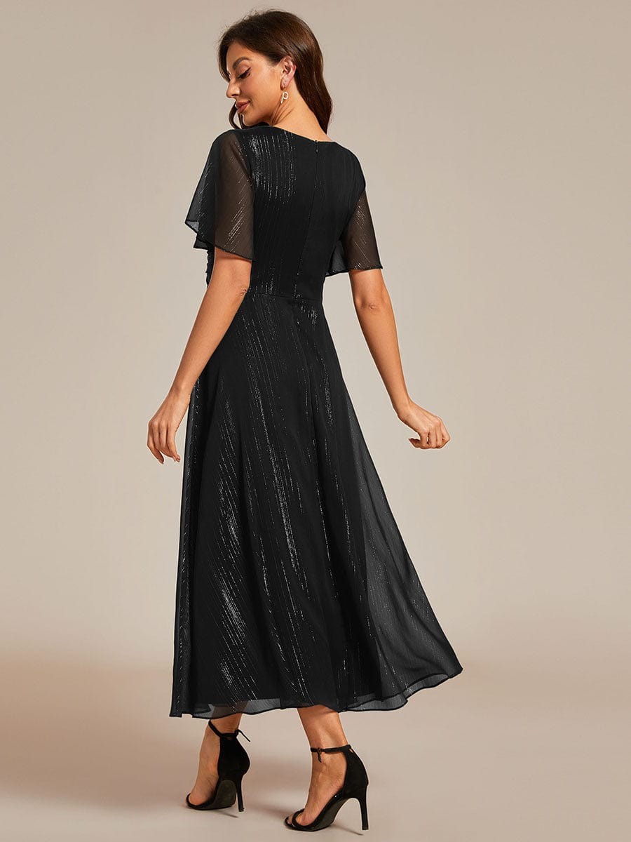 See-Through Long Sleeve Twist Knot A-Line Lotus Leaf Shimmering Evening Dress #color_Black