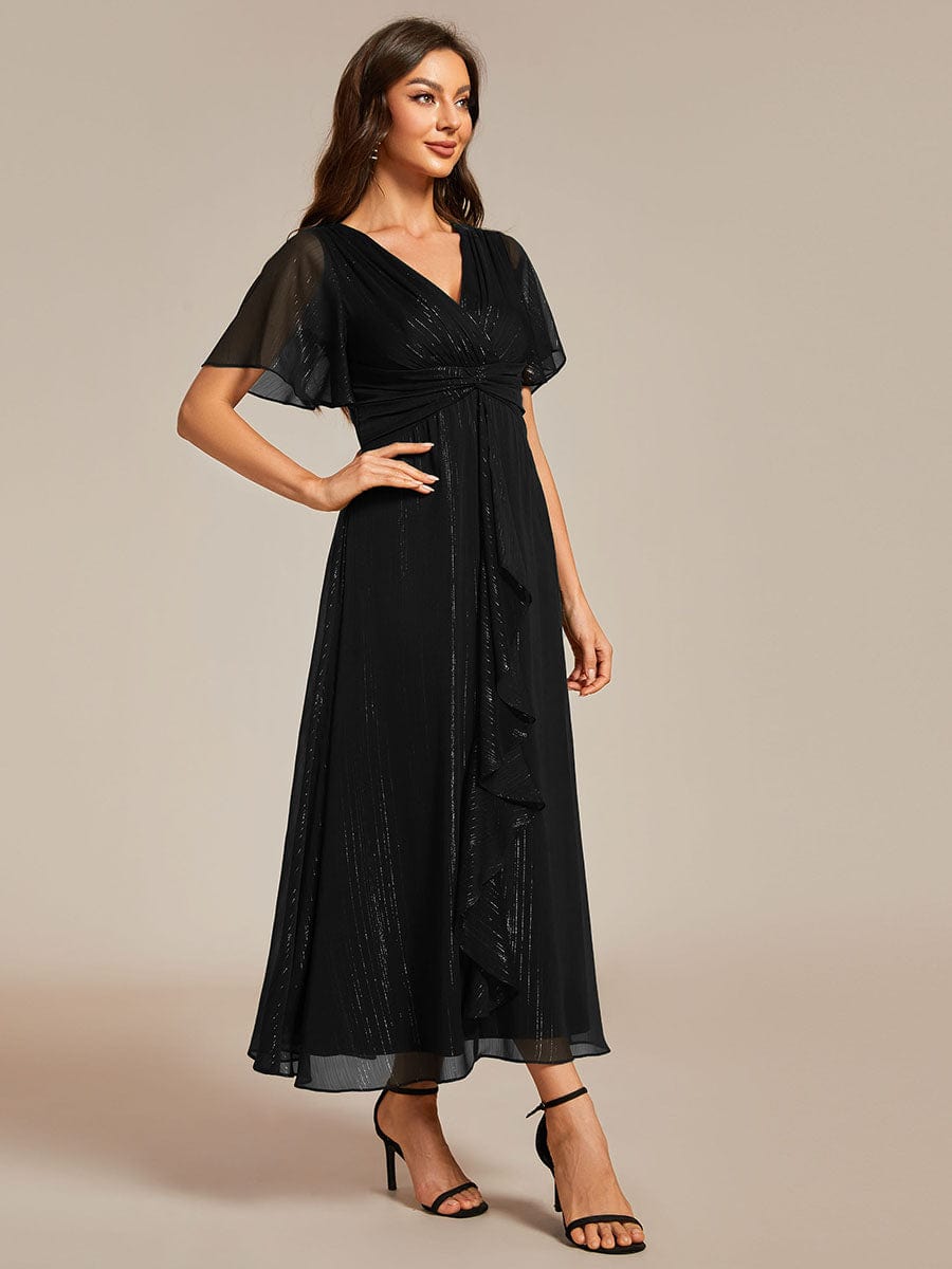 Glitter Twist Knot See-Through Long Sleeve Wedding Guest Dress #color_Black