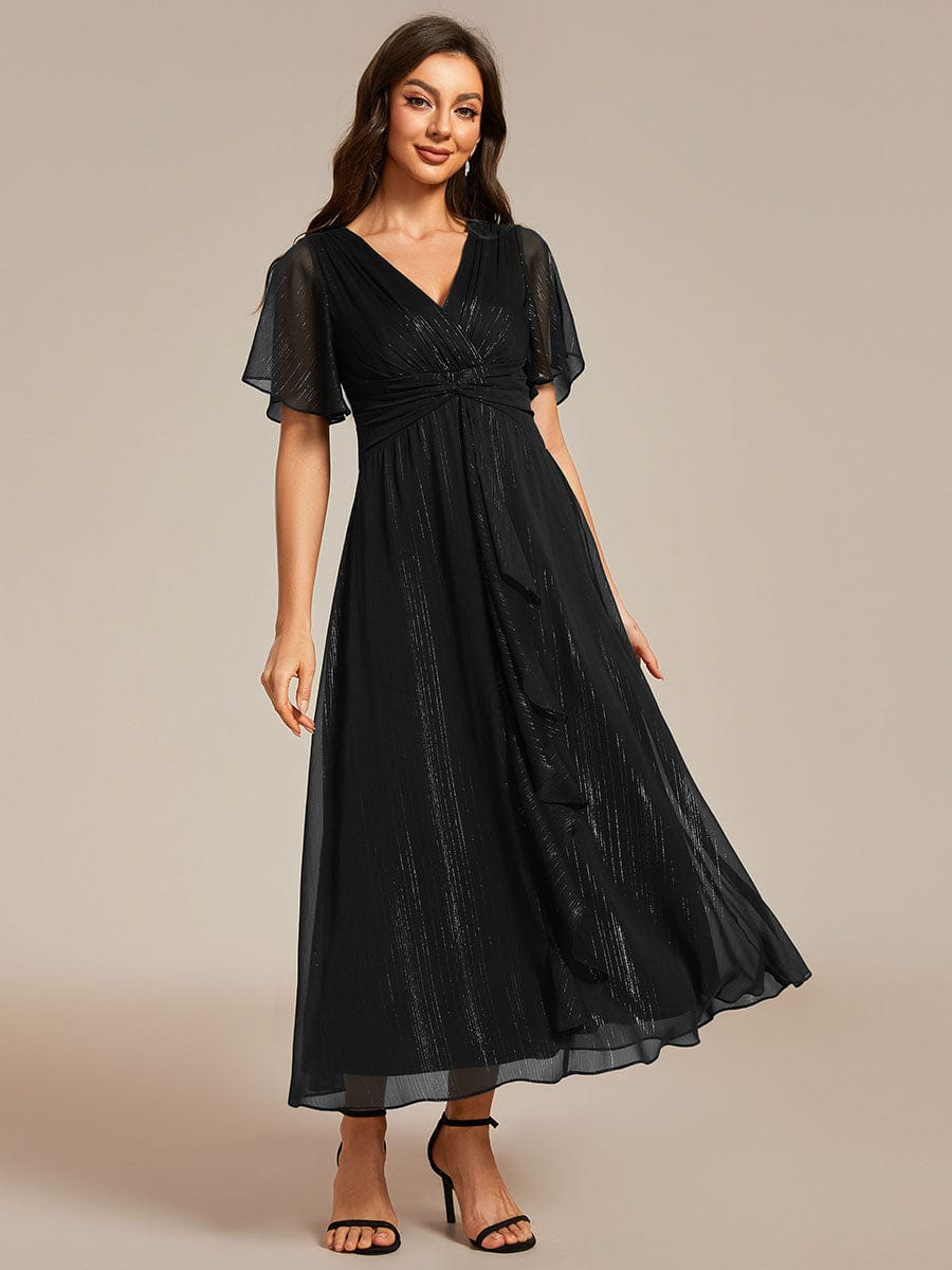 Silver Metallic Fabric V-Neck A-Line Dress featuring Delicate Ruffled Hem #color_Black