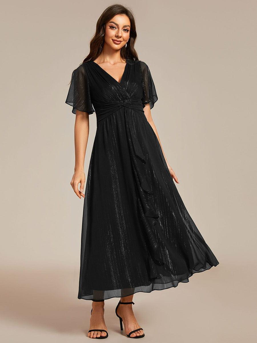 Glitter Twist Knot See-Through Long Sleeve Wedding Guest Dress #color_Black