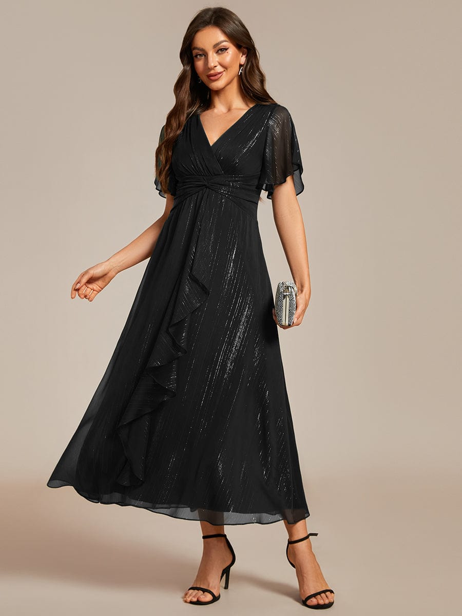 Silver Metallic Fabric V-Neck A-Line Dress featuring Delicate Ruffled Hem #color_Black