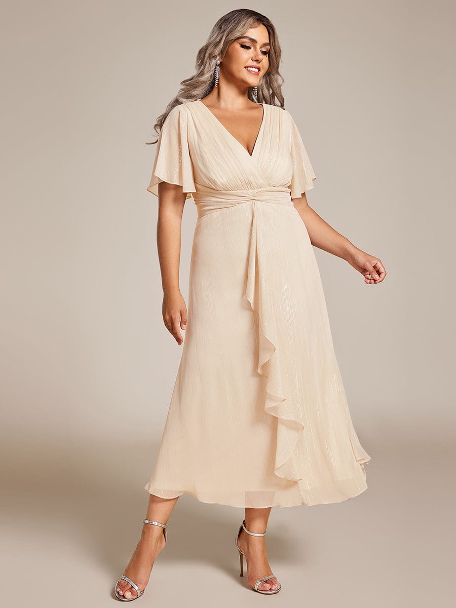 Plus Size Twist Knot Louts Leaf Long Sleeve A-Line Evening Dress #color_Champagne