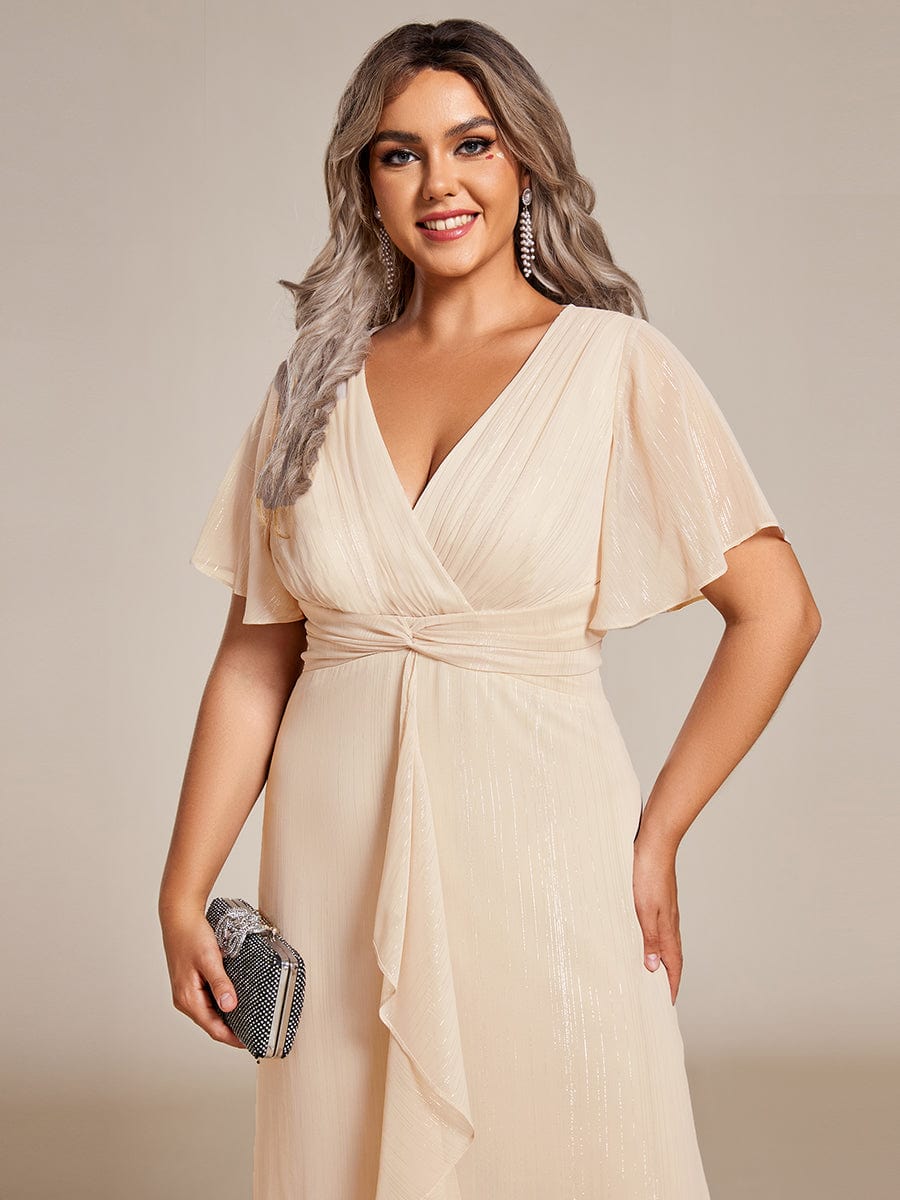 Plus Size Twist Knot Louts Leaf Long Sleeve A-Line Evening Dress #color_Champagne