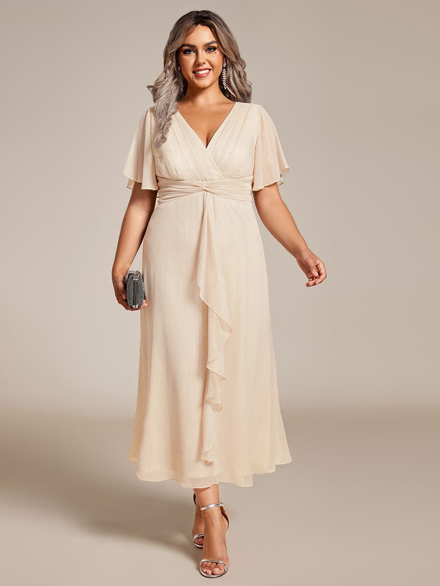 Plus Size Twist Knot Louts Leaf Long Sleeve A-Line Evening Dress #color_Champagne