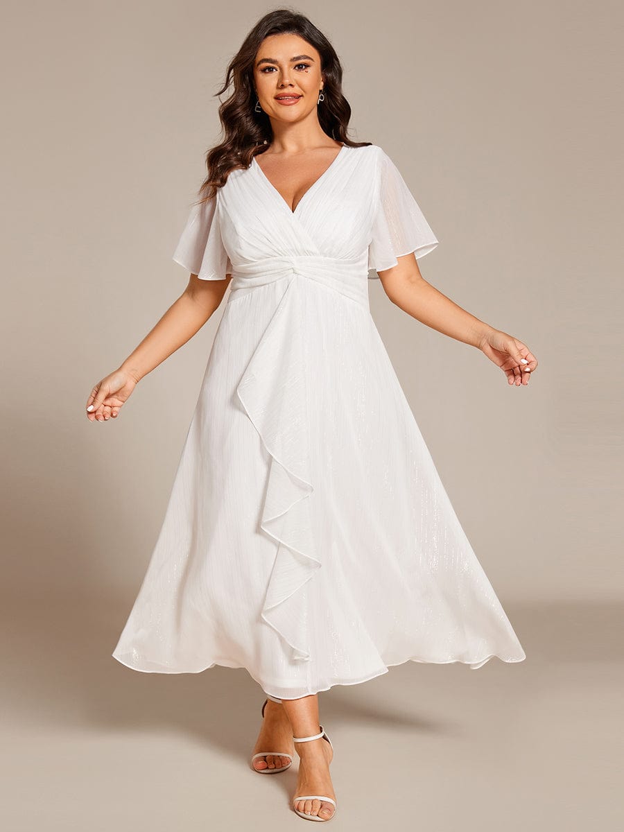 Plus Size Silver Metallic Fabric V-Neck A-Line Dress featuring Delicate Ruffled Hem #color_Cream