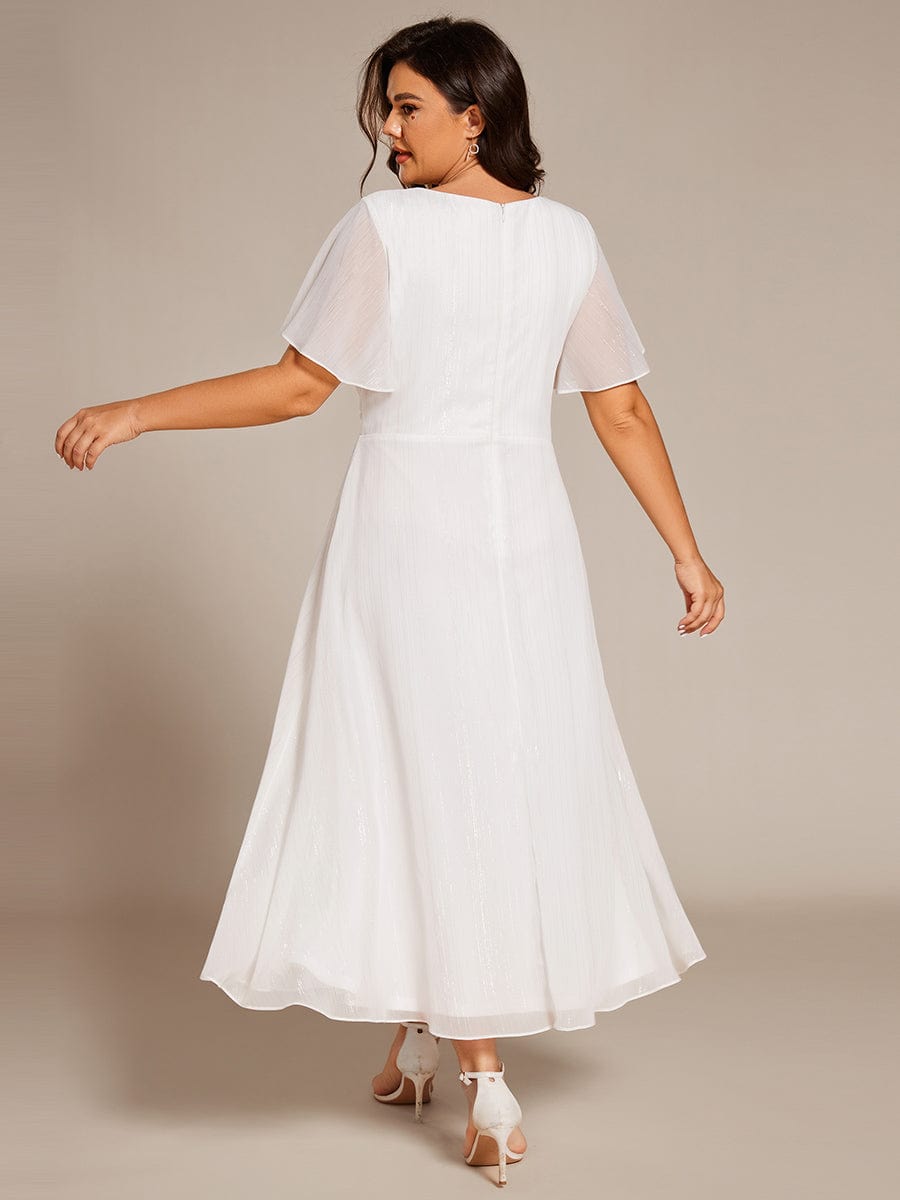 Plus Size Silver Metallic Fabric V-Neck A-Line Dress featuring Delicate Ruffled Hem #color_Cream