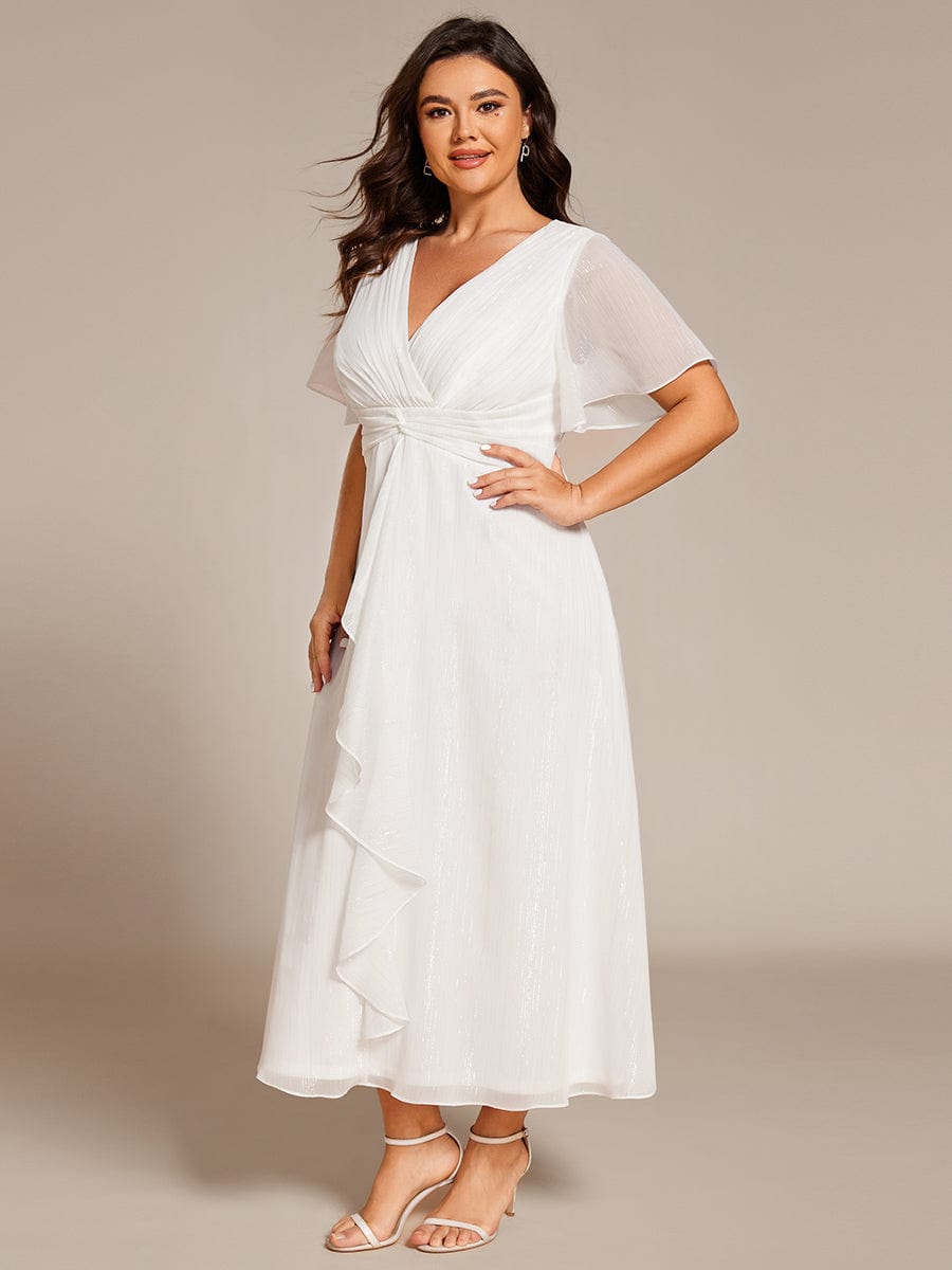 Plus Size Silver Metallic Fabric V-Neck A-Line Dress featuring Delicate Ruffled Hem #color_Cream