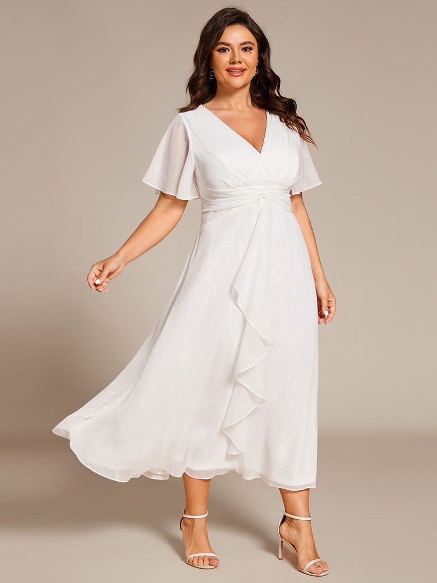 Plus Size Silver Metallic Fabric V-Neck A-Line Dress featuring Delicate Ruffled Hem #color_Cream