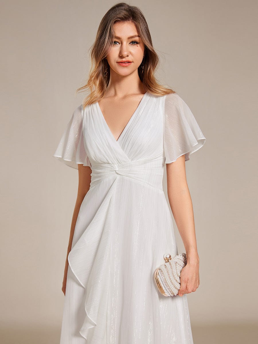 Silver Metallic Fabric V-Neck A-Line Dress featuring Delicate Ruffled Hem #color_Cream