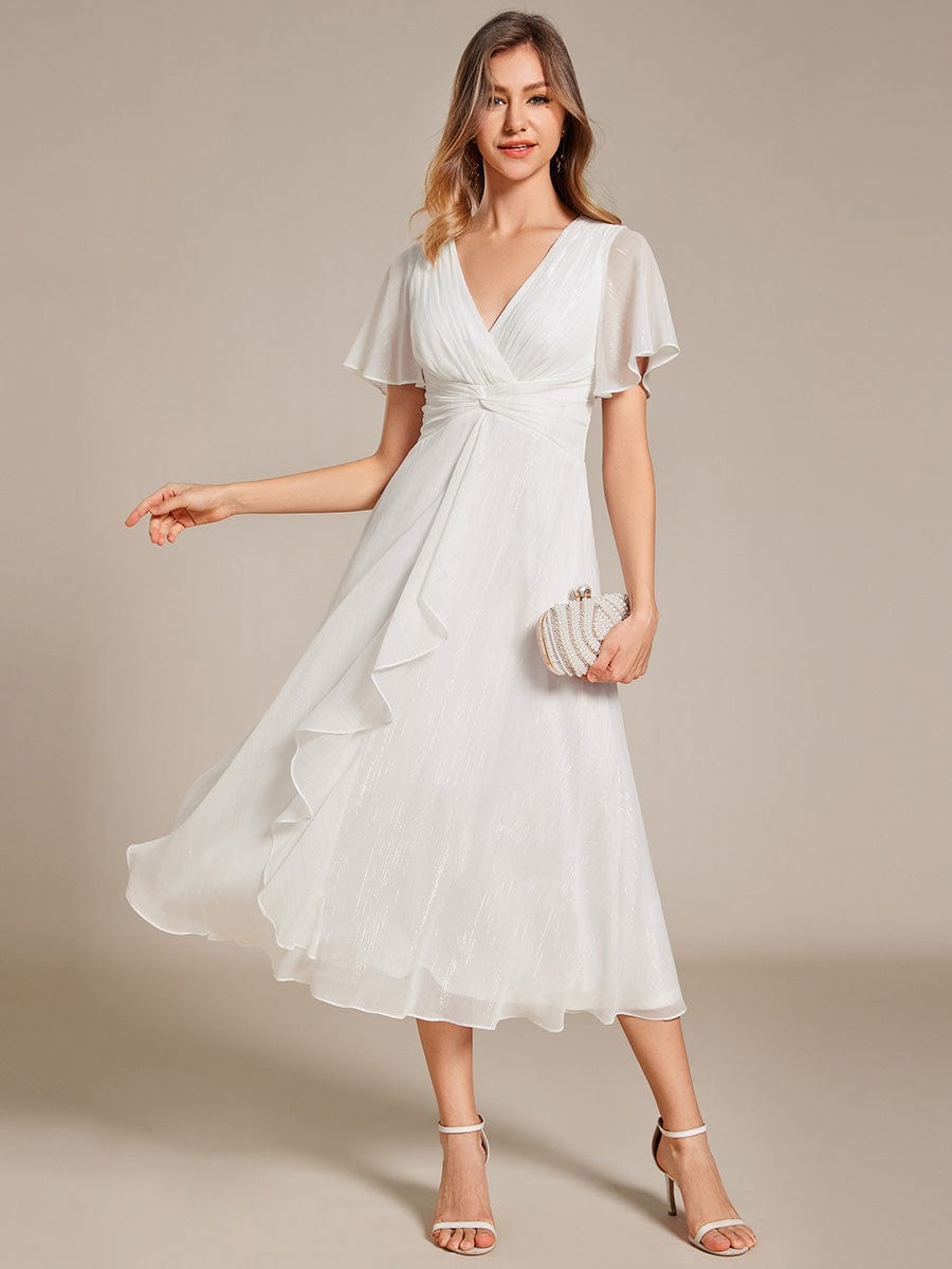 Silver Metallic Fabric V-Neck A-Line Dress featuring Delicate Ruffled Hem #color_Cream