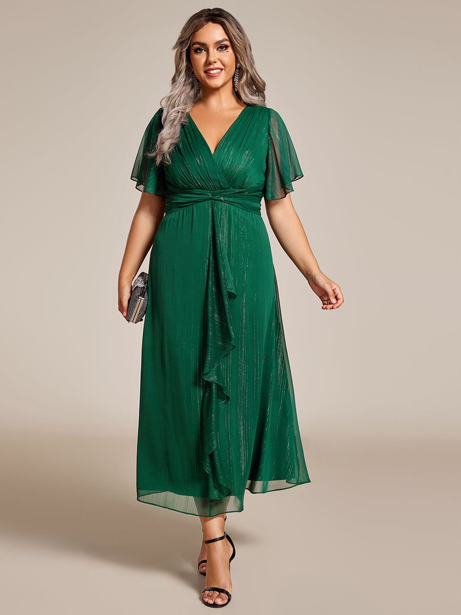 Plus Size Silver Metallic Fabric V-Neck A-Line Dress featuring Delicate Ruffled Hem #color_Dark Green