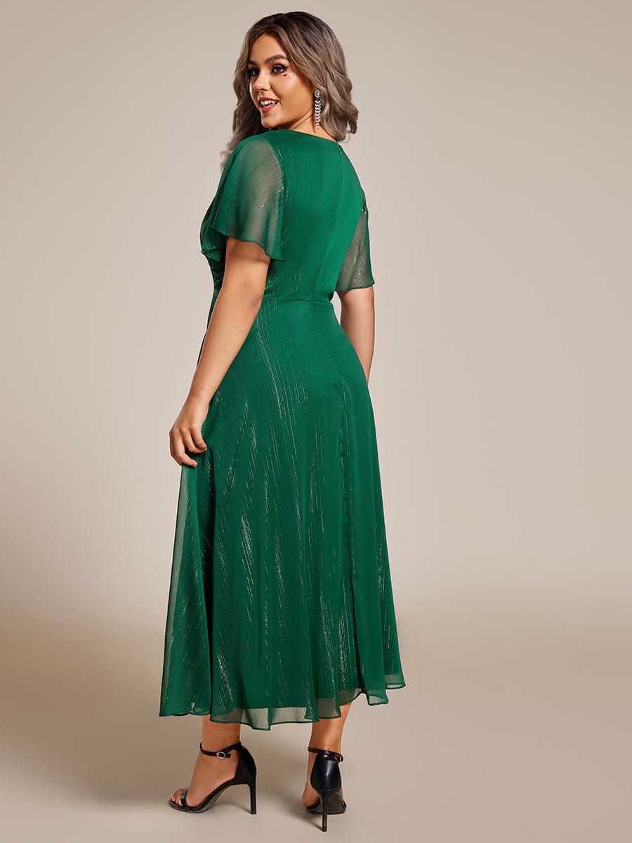 See-Through Long Sleeve Twist Knot A-Line Lotus Leaf Shimmering Evening Dress #color_Dark Green