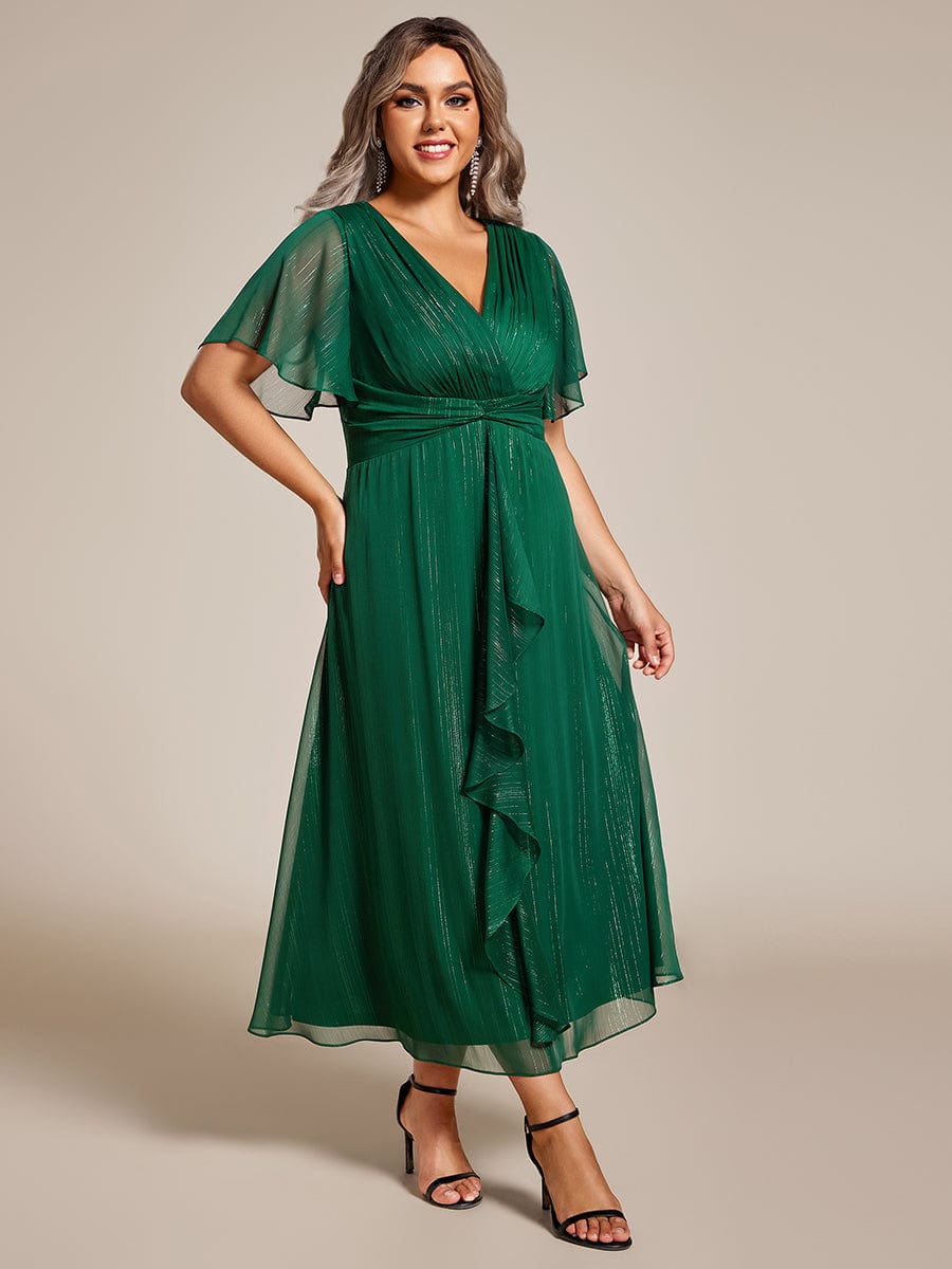 Plus Size Silver Metallic Fabric V-Neck A-Line Dress featuring Delicate Ruffled Hem #color_Dark Green