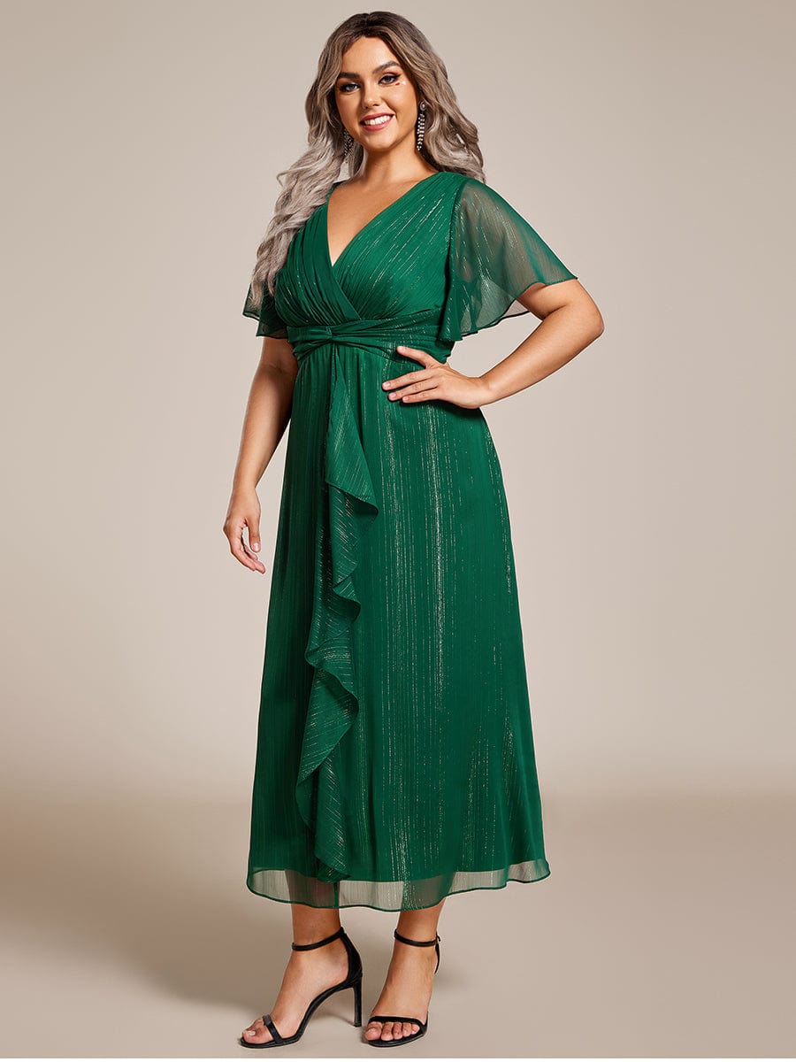 Silver Metallic Fabric V-Neck A-Line Dress featuring Delicate Ruffled Hem #color_Dark Green