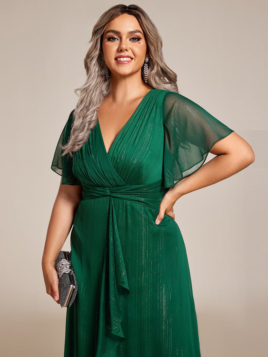 Plus Size Silver Metallic Fabric V-Neck A-Line Dress featuring Delicate Ruffled Hem #color_Dark Green