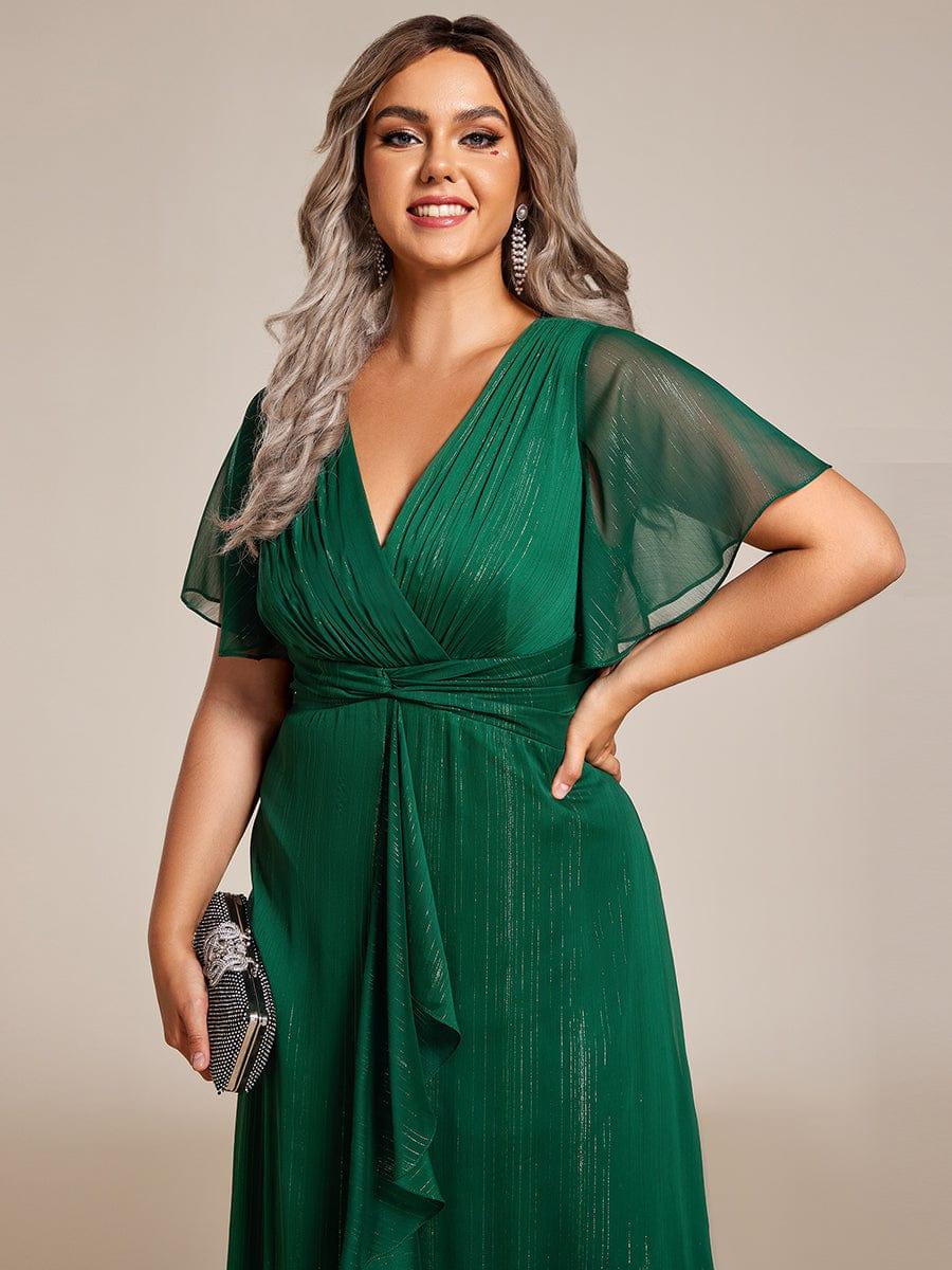 Glitter Twist Knot See-Through Long Sleeve Wedding Guest Dress #color_Dark Green